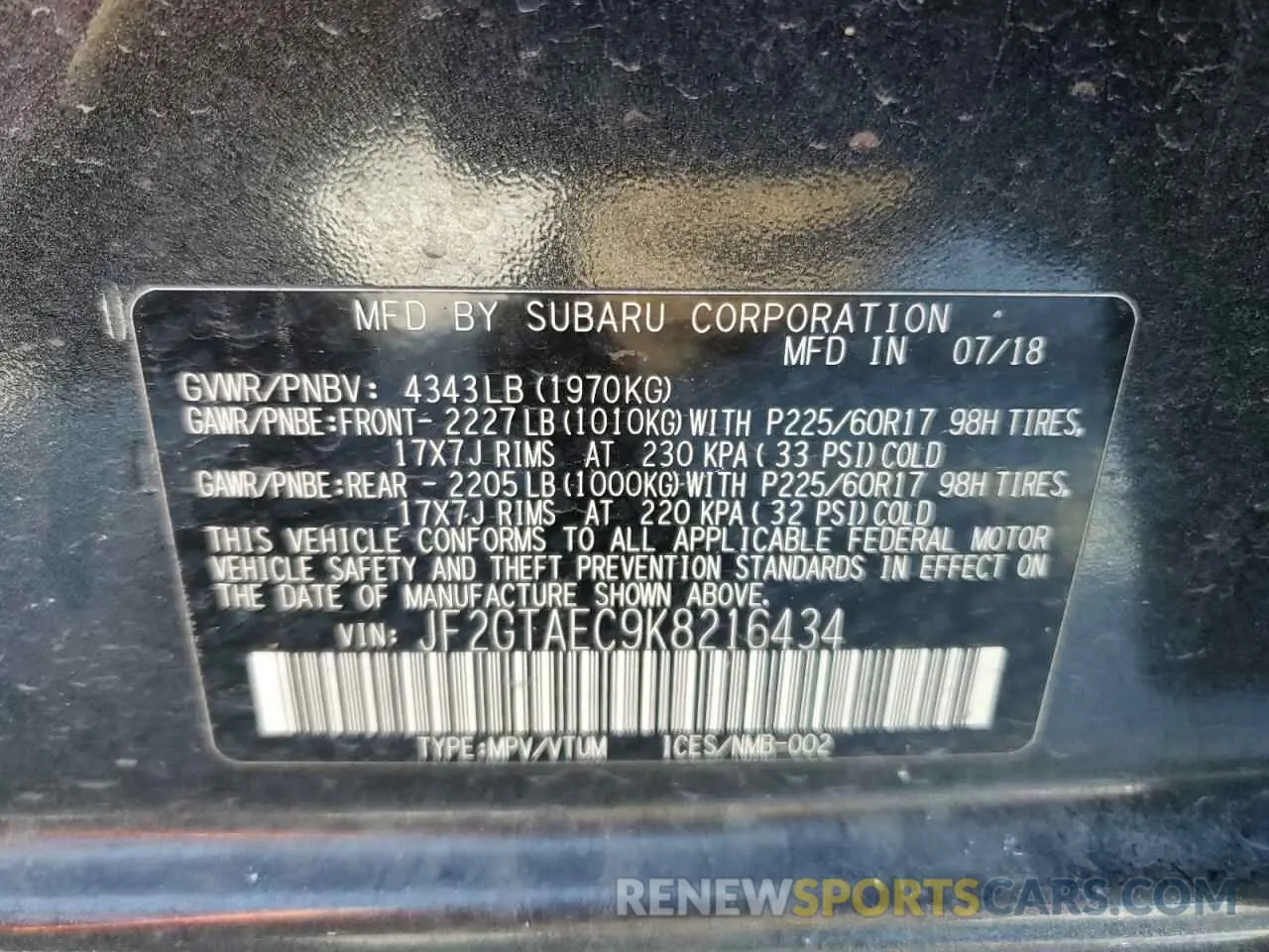 14 Photograph of a damaged car JF2GTAEC9K8216434 SUBARU CROSSTREK 2019
