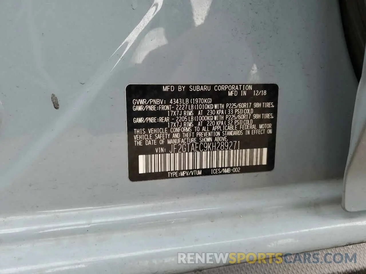 12 Photograph of a damaged car JF2GTAEC9KH289271 SUBARU CROSSTREK 2019