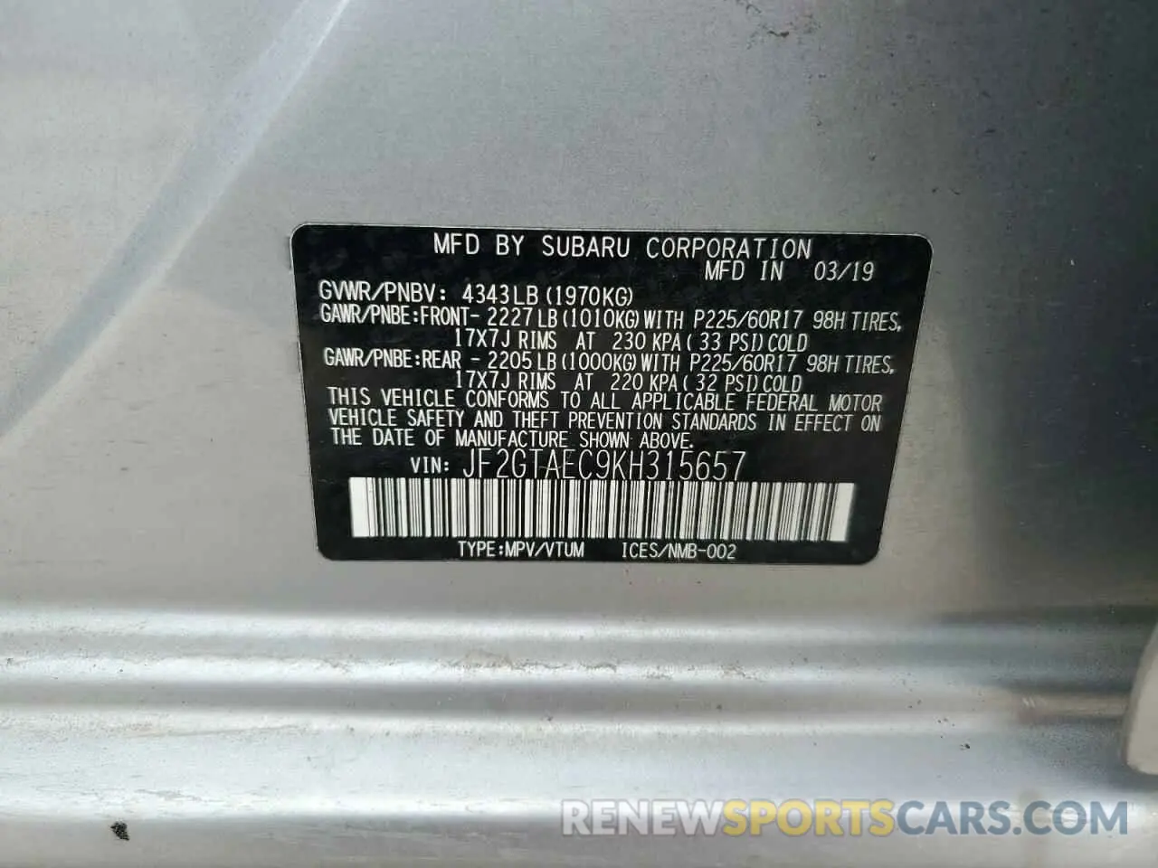 13 Photograph of a damaged car JF2GTAEC9KH315657 SUBARU CROSSTREK 2019
