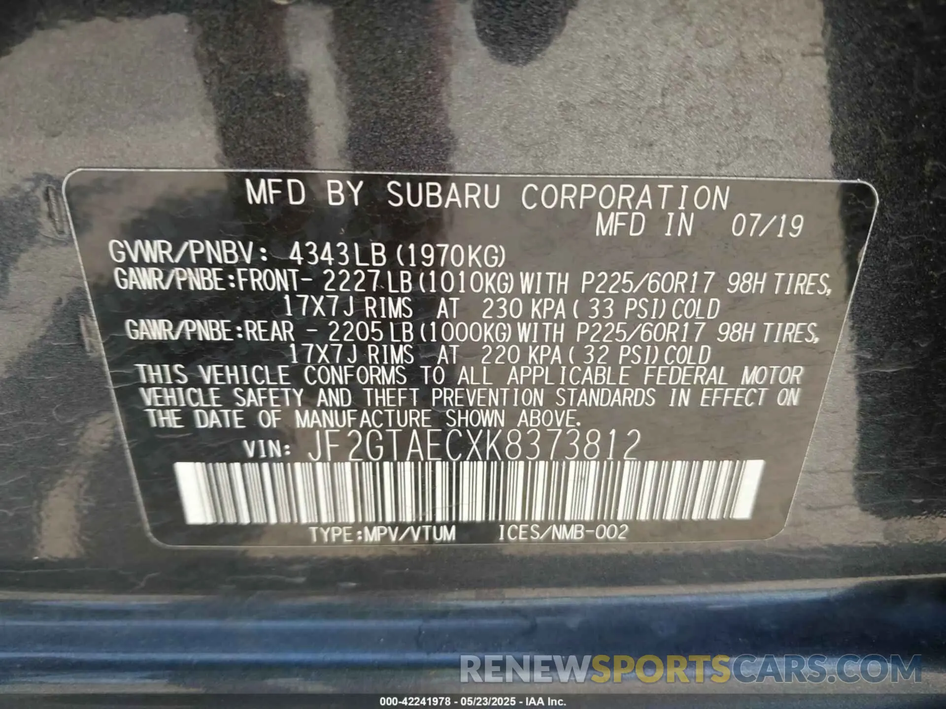 9 Photograph of a damaged car JF2GTAECXK8373812 SUBARU CROSSTREK 2019