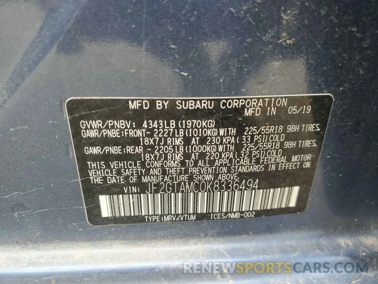 13 Photograph of a damaged car JF2GTAMC0K8336494 SUBARU CROSSTREK 2019