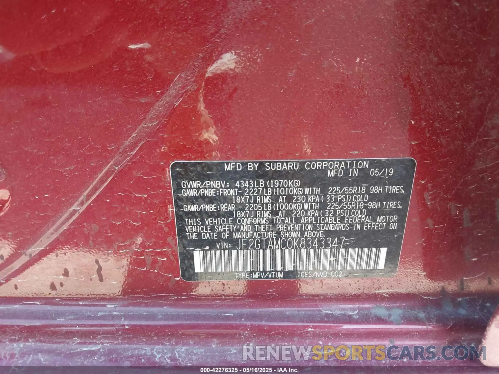 9 Photograph of a damaged car JF2GTAMC0K8343347 SUBARU CROSSTREK 2019