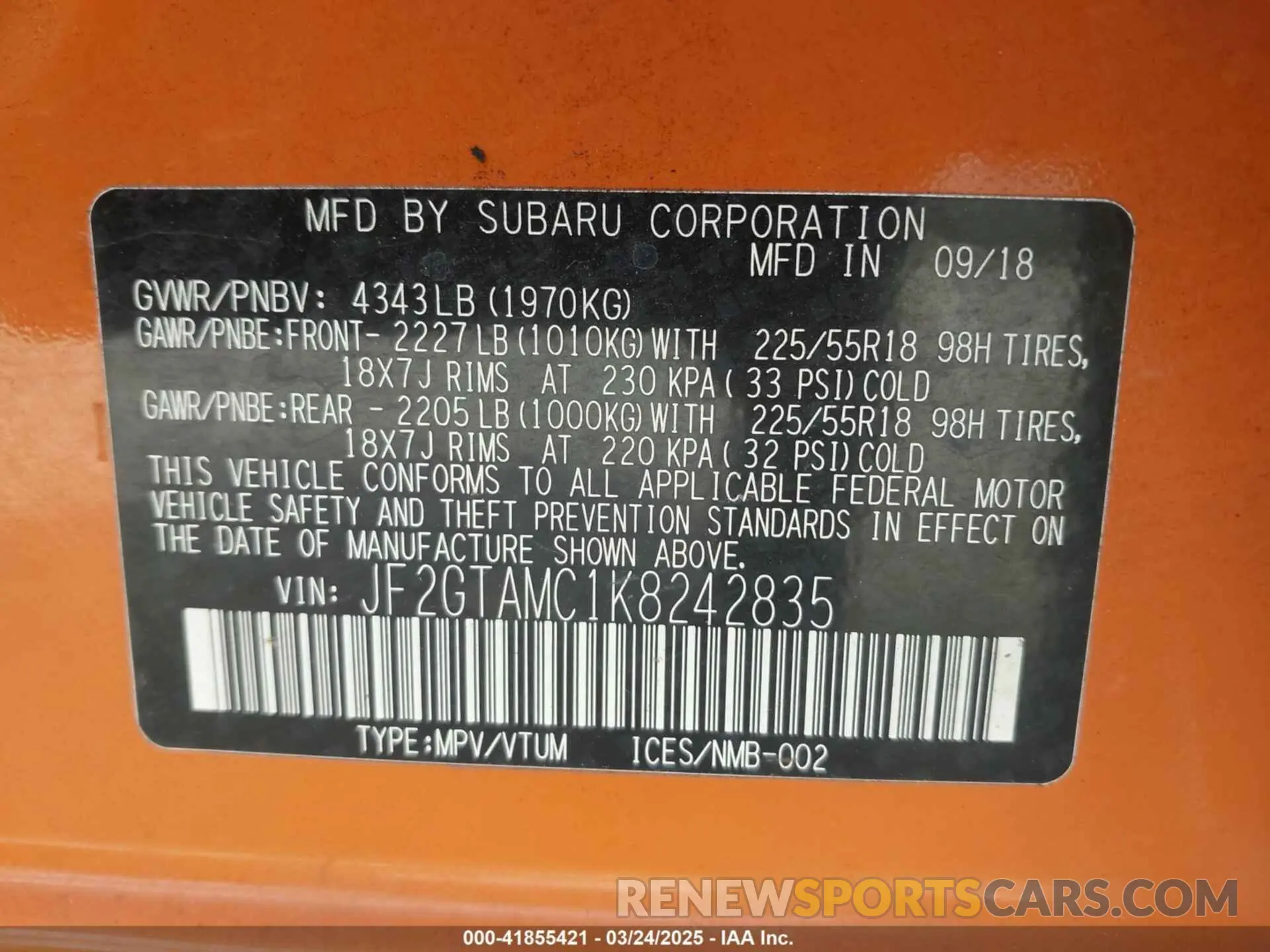 9 Photograph of a damaged car JF2GTAMC1K8242835 SUBARU CROSSTREK 2019
