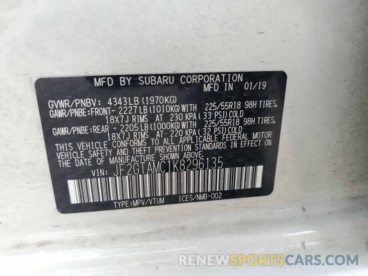 13 Photograph of a damaged car JF2GTAMC1K8296135 SUBARU CROSSTREK 2019
