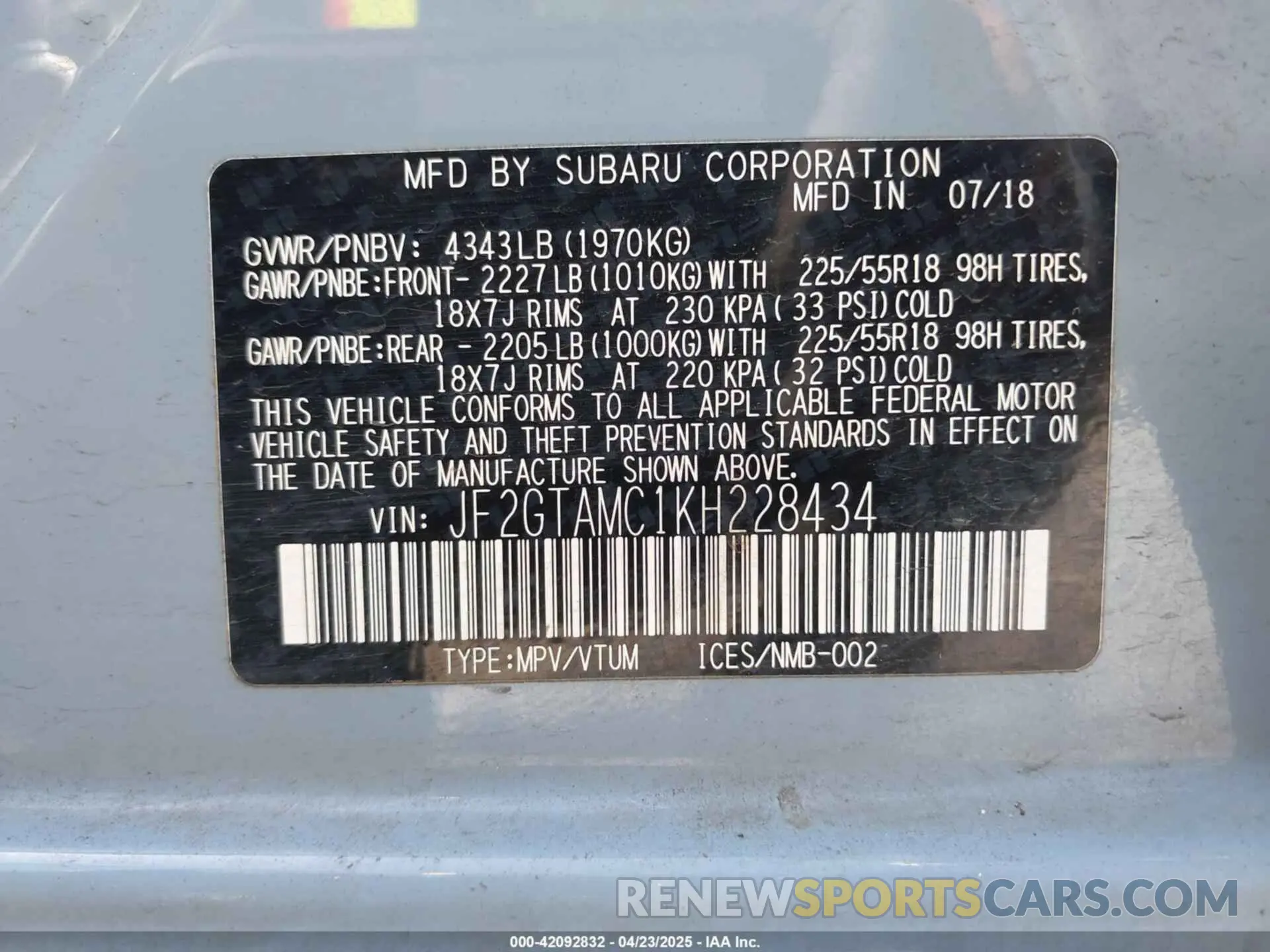 9 Photograph of a damaged car JF2GTAMC1KH228434 SUBARU CROSSTREK 2019