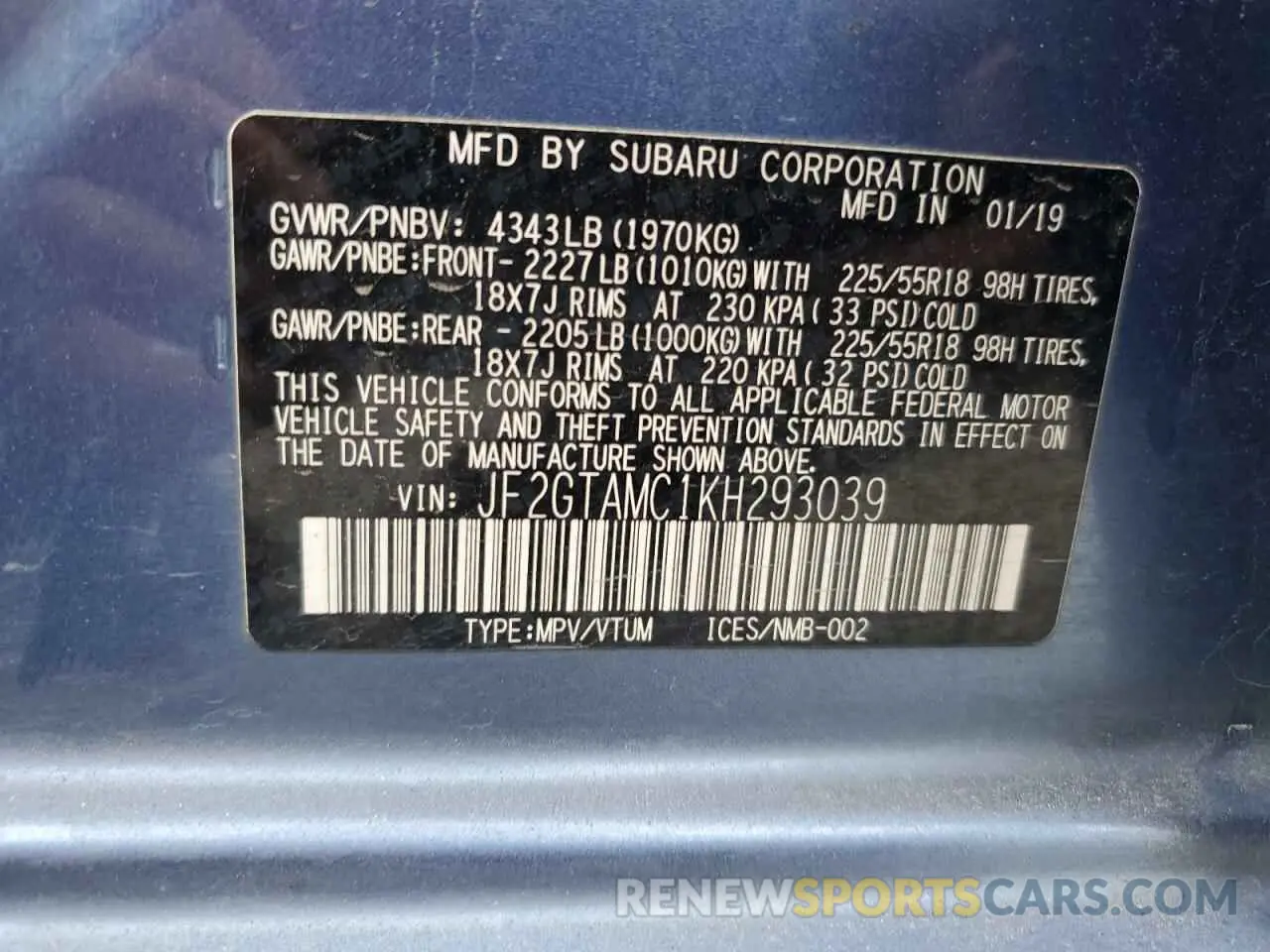 13 Photograph of a damaged car JF2GTAMC1KH293039 SUBARU CROSSTREK 2019