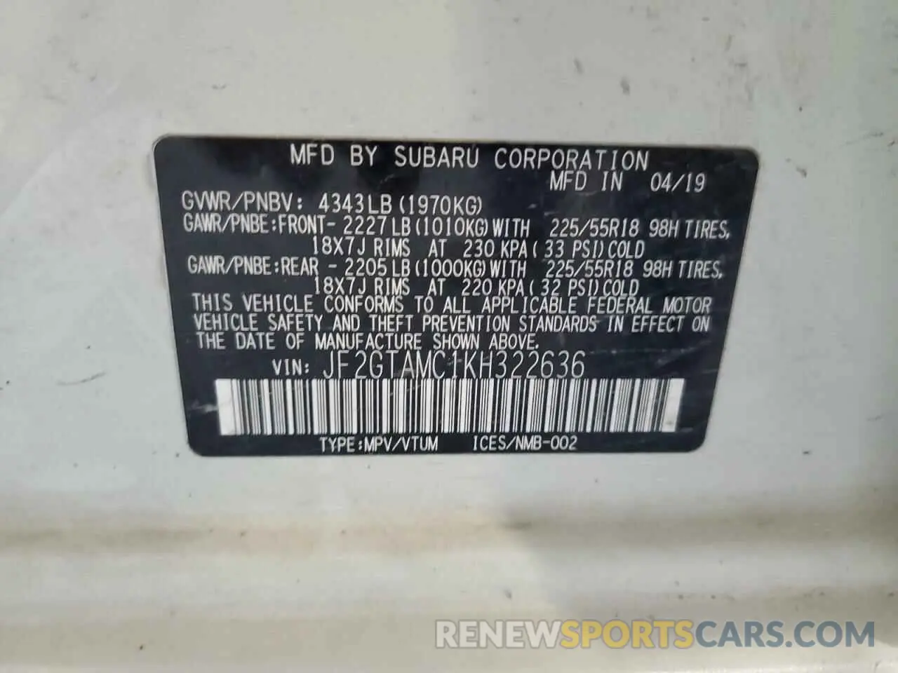 14 Photograph of a damaged car JF2GTAMC1KH322636 SUBARU CROSSTREK 2019