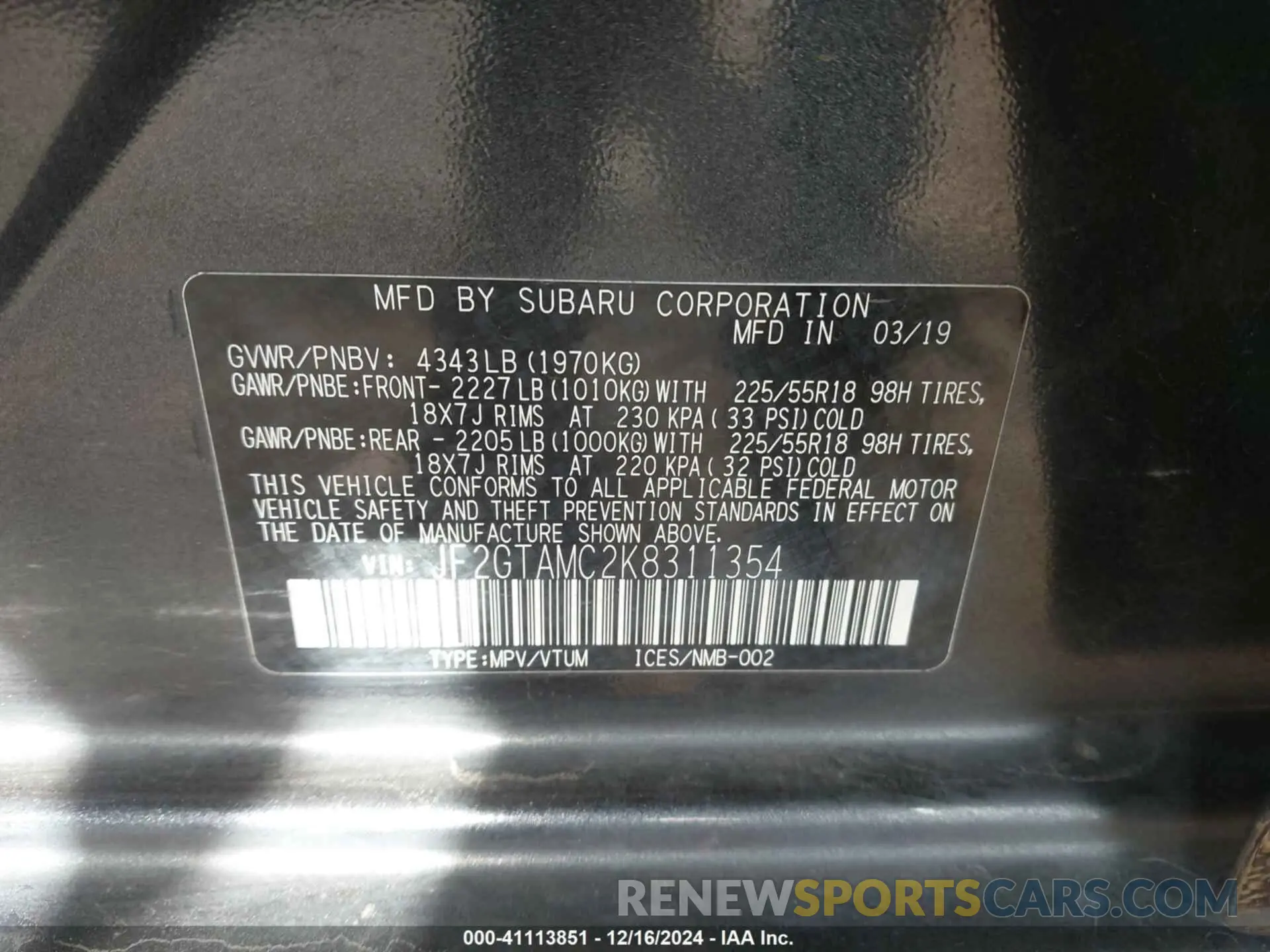 9 Photograph of a damaged car JF2GTAMC2K8311354 SUBARU CROSSTREK 2019