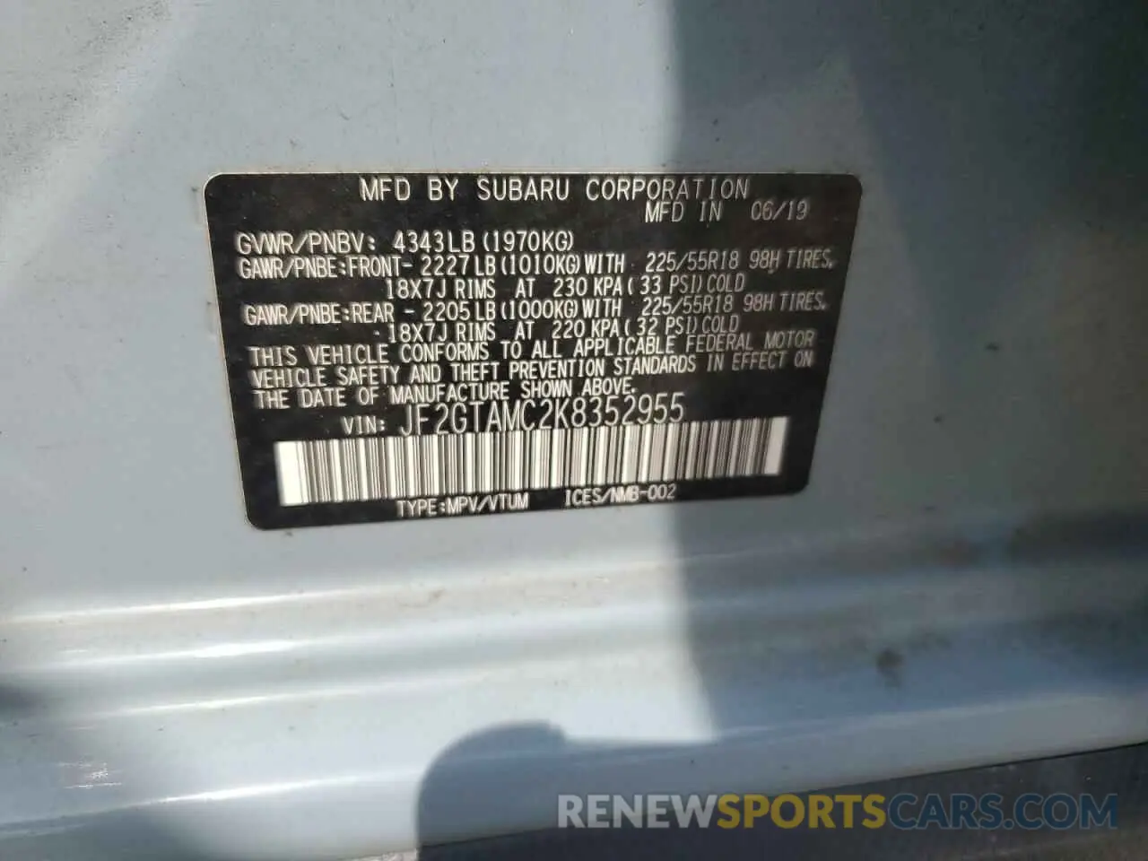 13 Photograph of a damaged car JF2GTAMC2K8352955 SUBARU CROSSTREK 2019