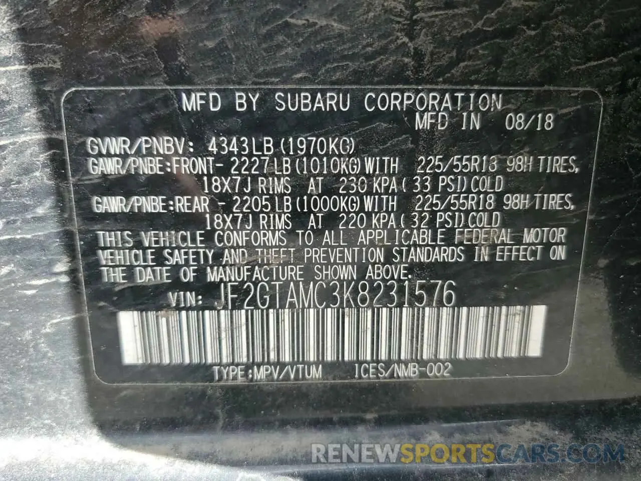 13 Photograph of a damaged car JF2GTAMC3K8231576 SUBARU CROSSTREK 2019