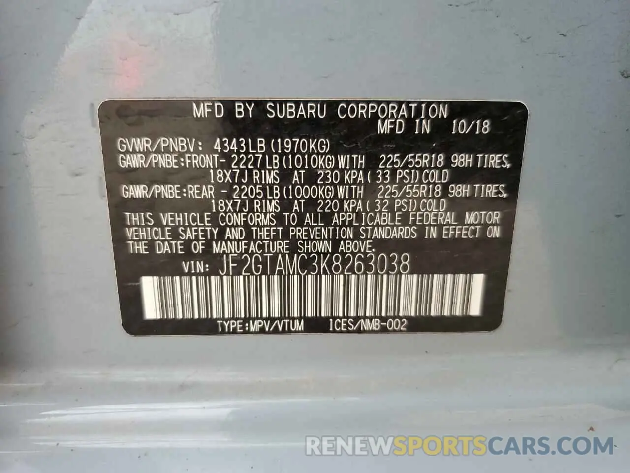 13 Photograph of a damaged car JF2GTAMC3K8263038 SUBARU CROSSTREK 2019