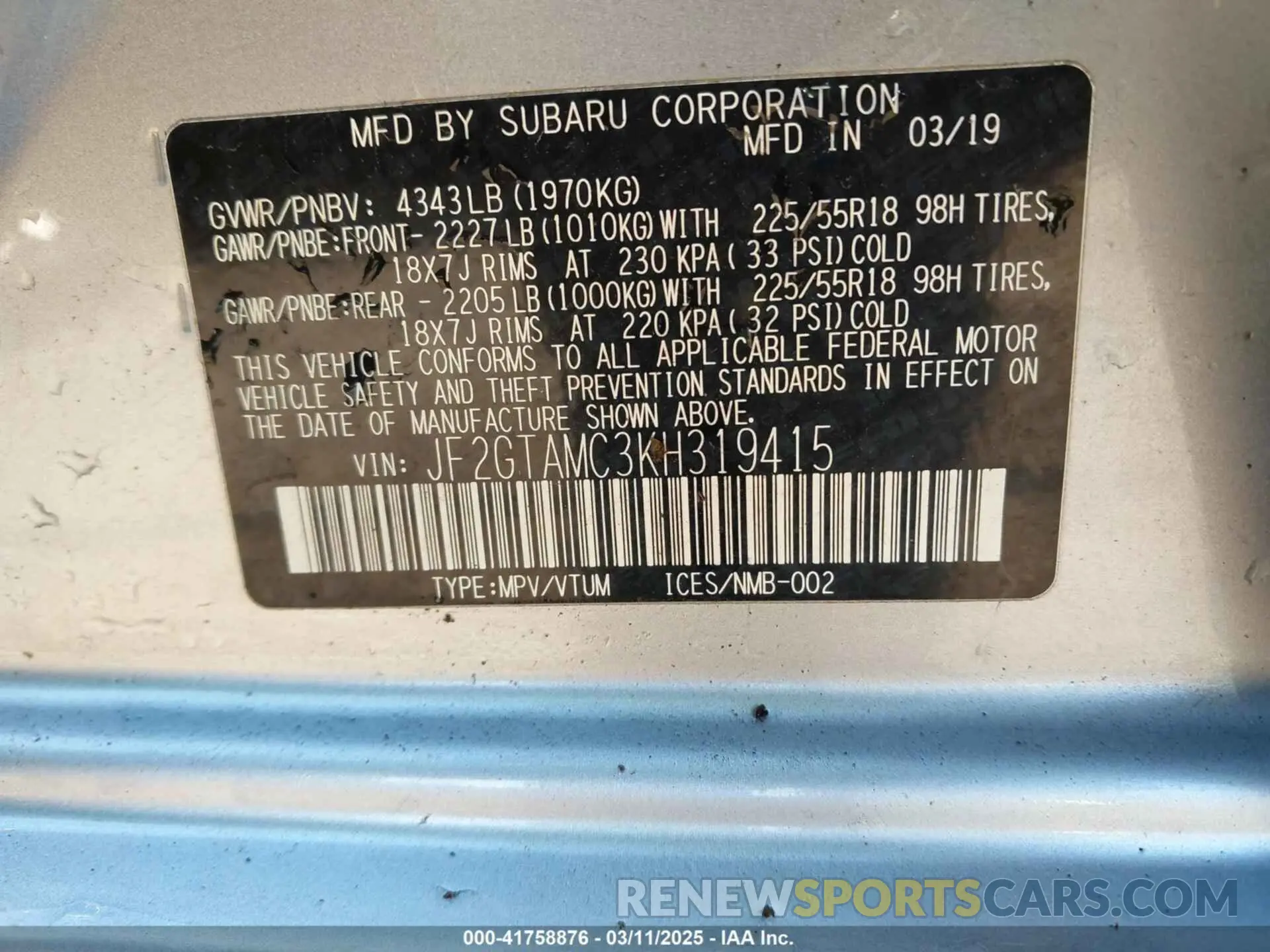 9 Photograph of a damaged car JF2GTAMC3KH319415 SUBARU CROSSTREK 2019