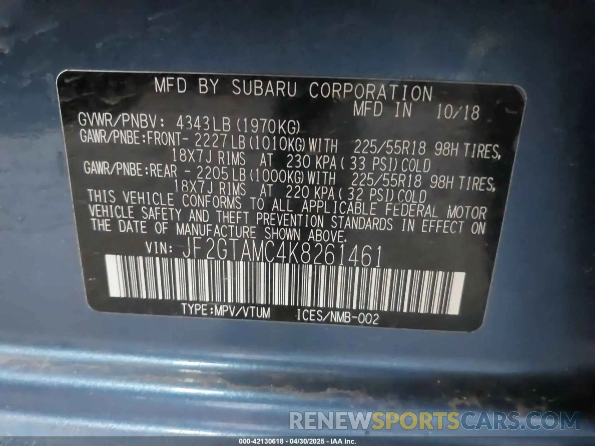 9 Photograph of a damaged car JF2GTAMC4K8261461 SUBARU CROSSTREK 2019