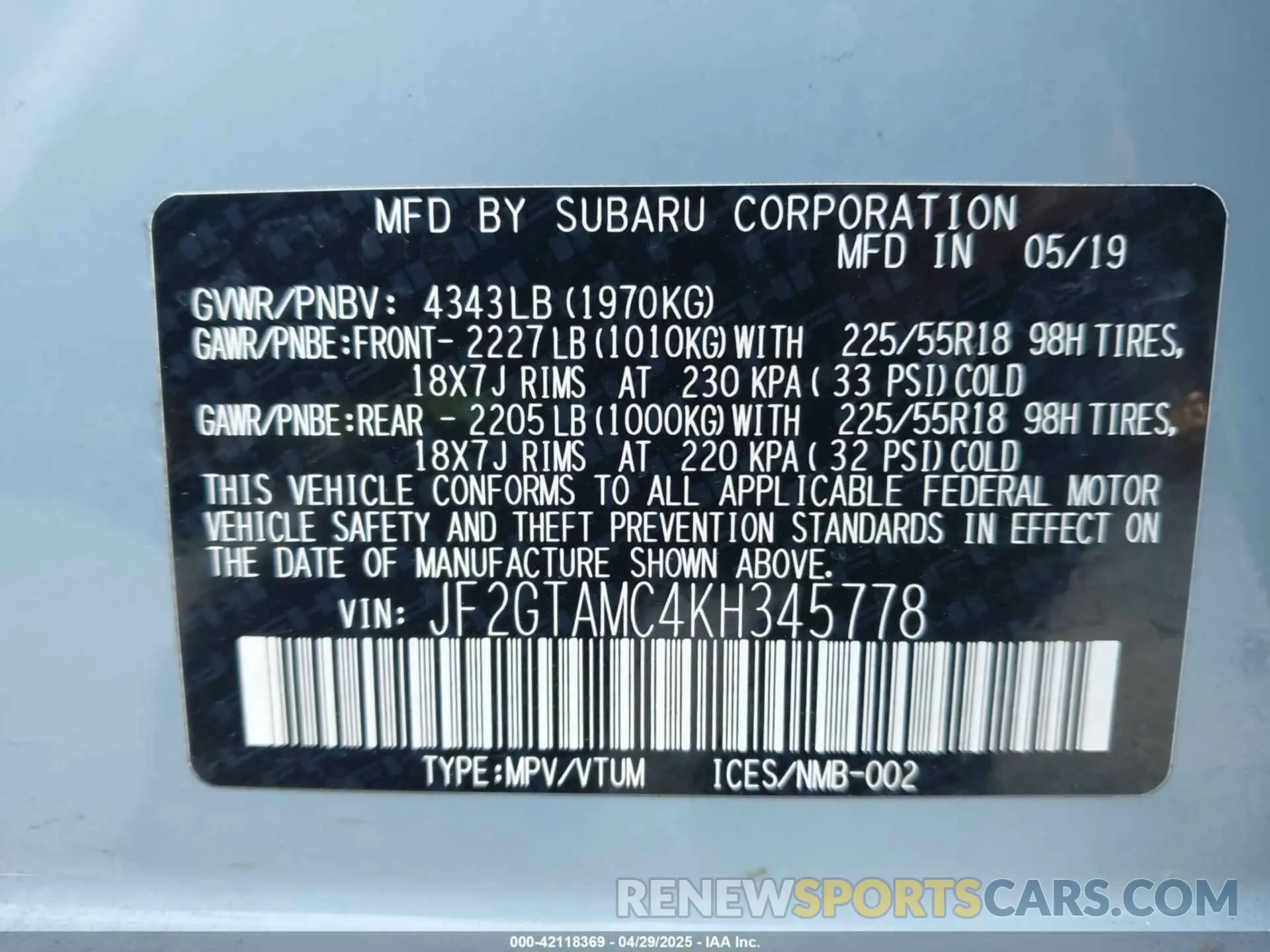 9 Photograph of a damaged car JF2GTAMC4KH345778 SUBARU CROSSTREK 2019
