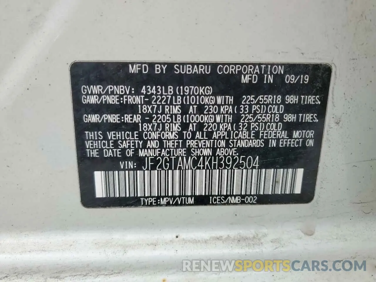 12 Photograph of a damaged car JF2GTAMC4KH392504 SUBARU CROSSTREK 2019