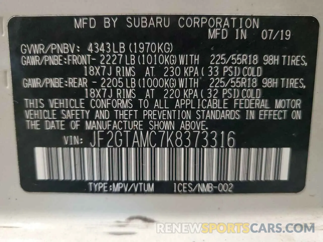 13 Photograph of a damaged car JF2GTAMC7K8373316 SUBARU CROSSTREK 2019