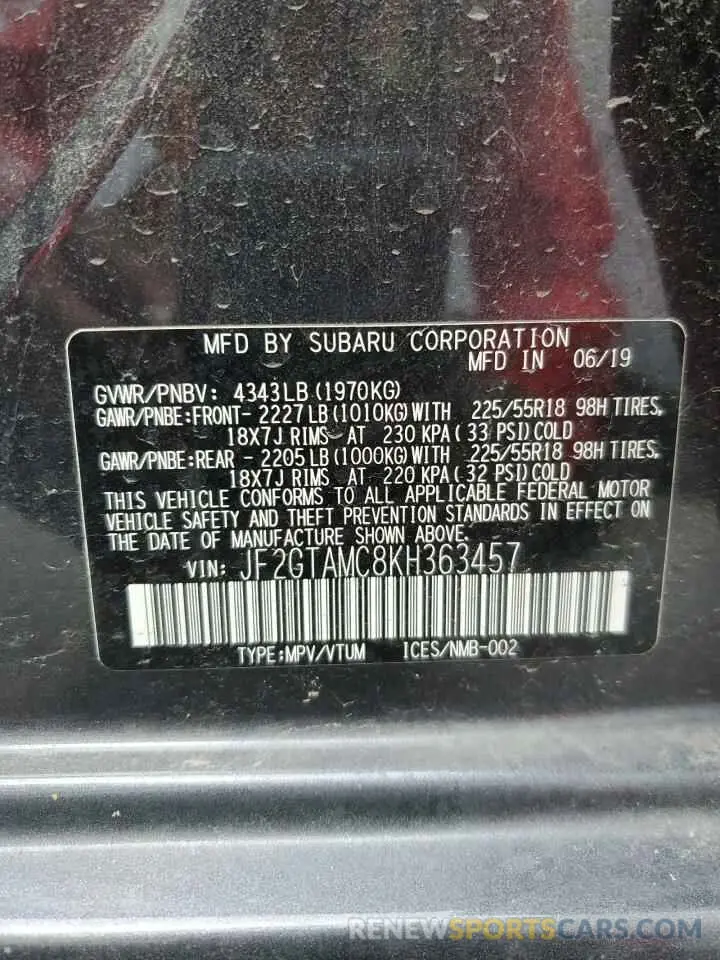 13 Photograph of a damaged car JF2GTAMC8KH363457 SUBARU CROSSTREK 2019