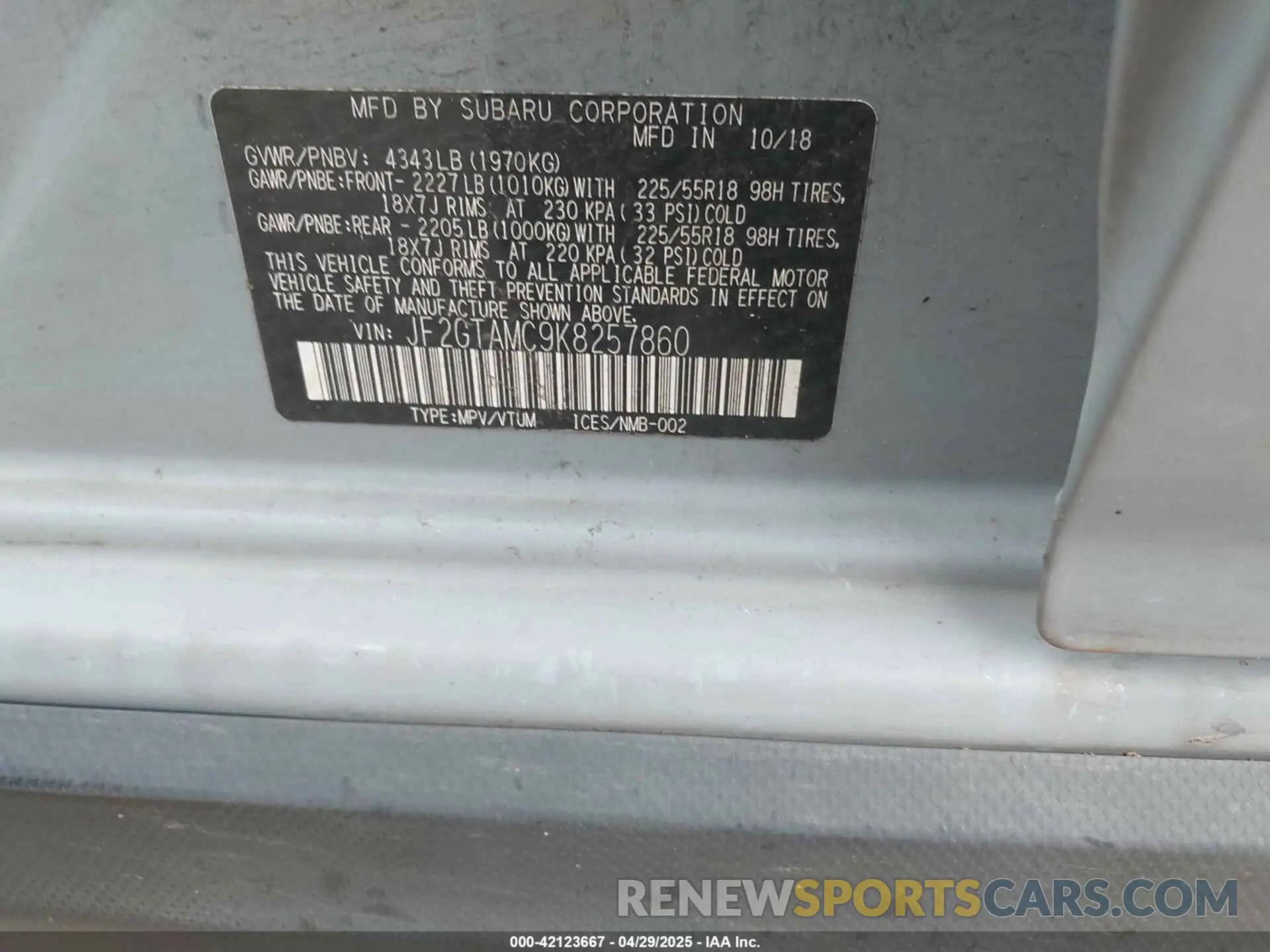 9 Photograph of a damaged car JF2GTAMC9K8257860 SUBARU CROSSTREK 2019