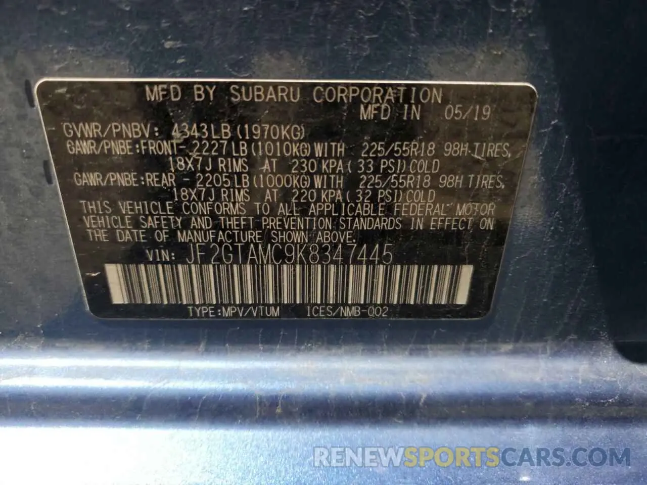 13 Photograph of a damaged car JF2GTAMC9K8347445 SUBARU CROSSTREK 2019