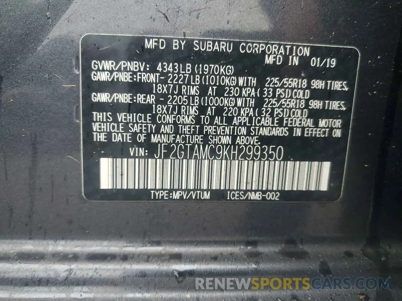 15 Photograph of a damaged car JF2GTAMC9KH299350 SUBARU CROSSTREK 2019
