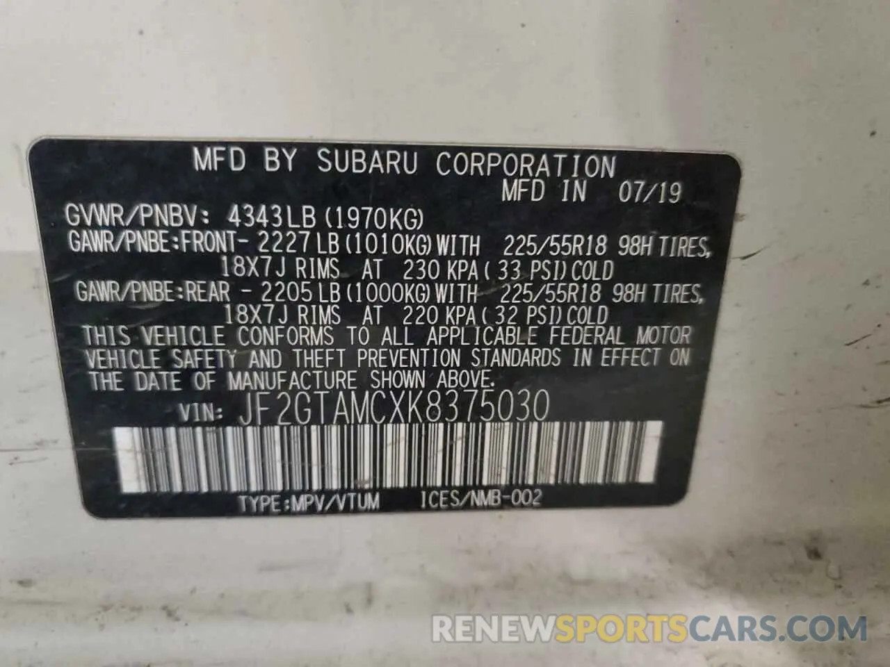 14 Photograph of a damaged car JF2GTAMCXK8375030 SUBARU CROSSTREK 2019