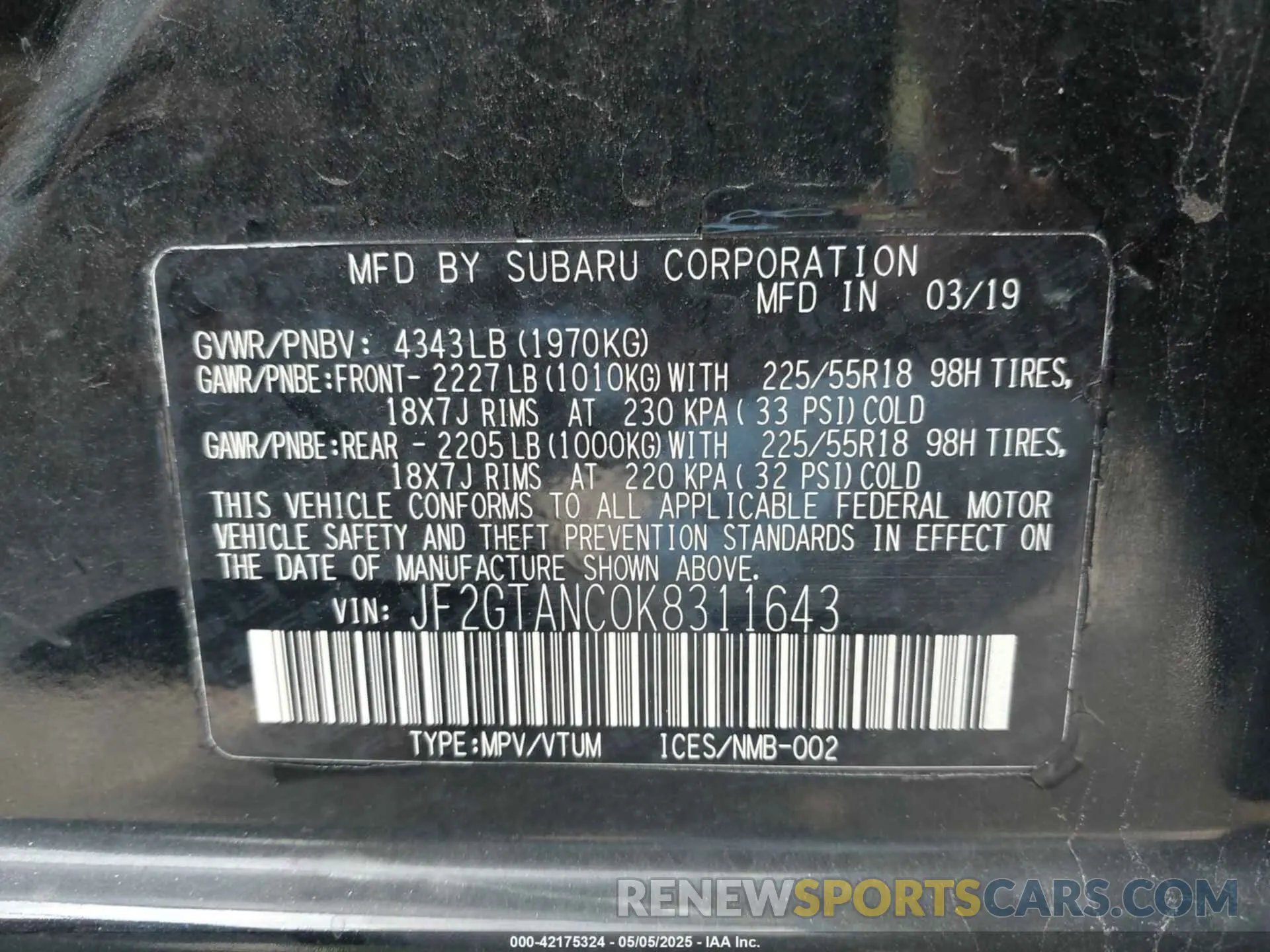 9 Photograph of a damaged car JF2GTANC0K8311643 SUBARU CROSSTREK 2019