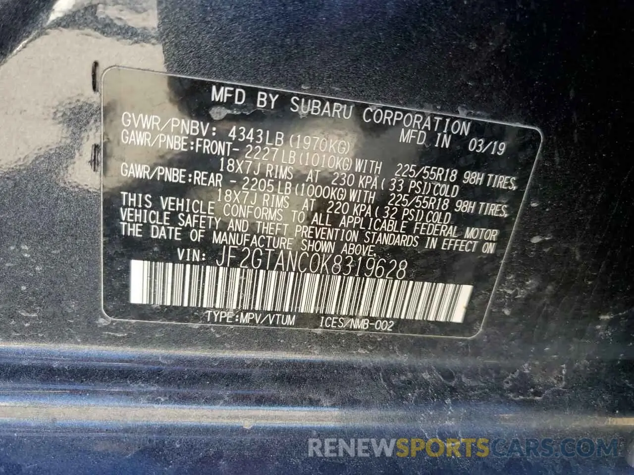 13 Photograph of a damaged car JF2GTANC0K8319628 SUBARU CROSSTREK 2019