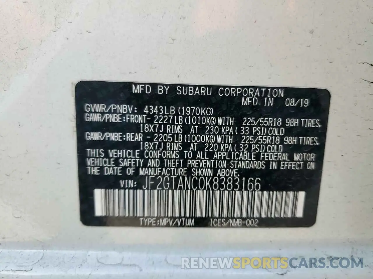 12 Photograph of a damaged car JF2GTANC0K8383166 SUBARU CROSSTREK 2019