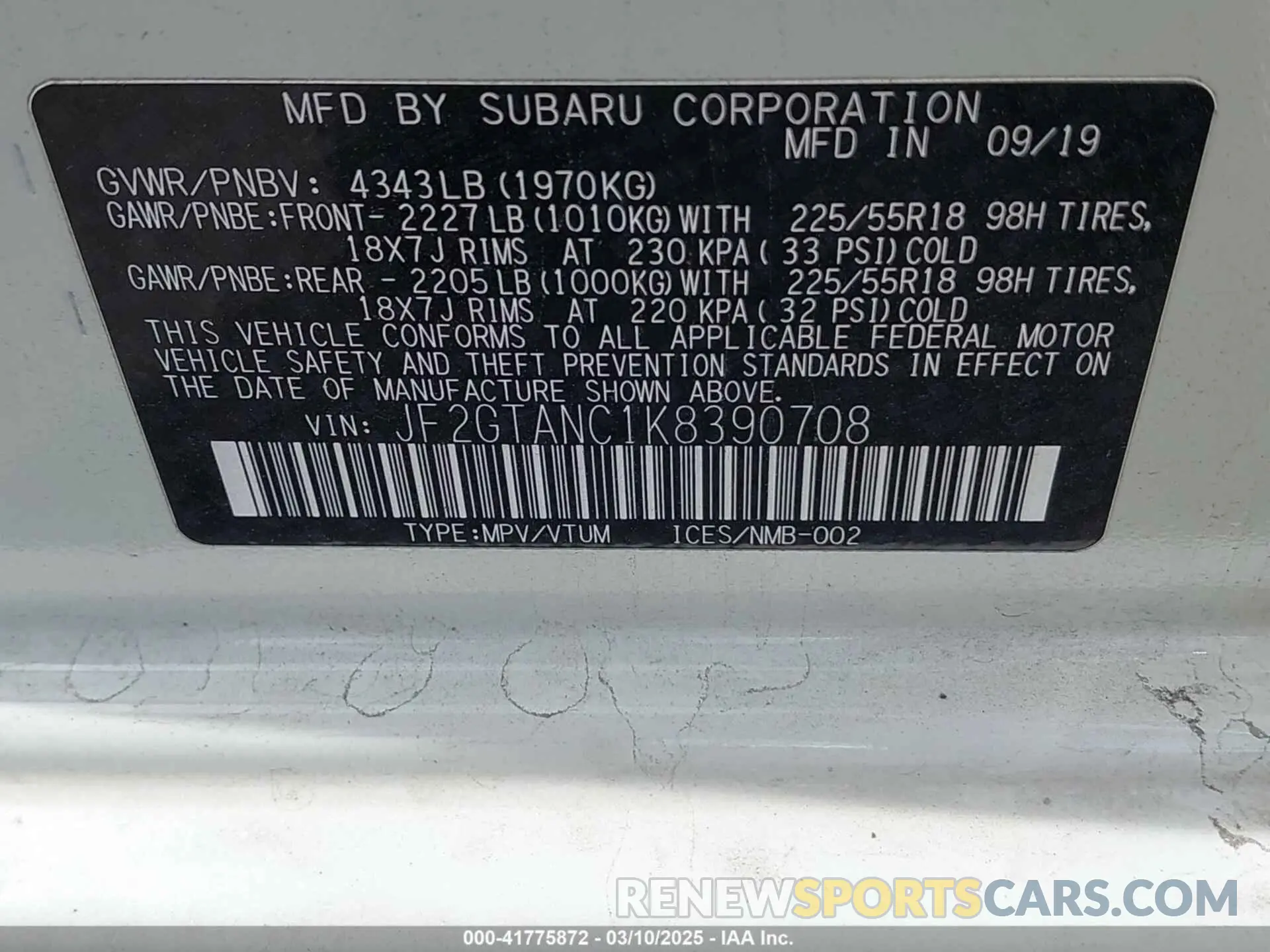 9 Photograph of a damaged car JF2GTANC1K8390708 SUBARU CROSSTREK 2019