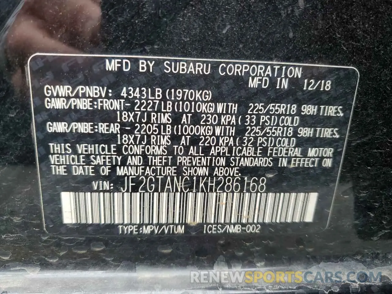 12 Photograph of a damaged car JF2GTANC1KH286168 SUBARU CROSSTREK 2019