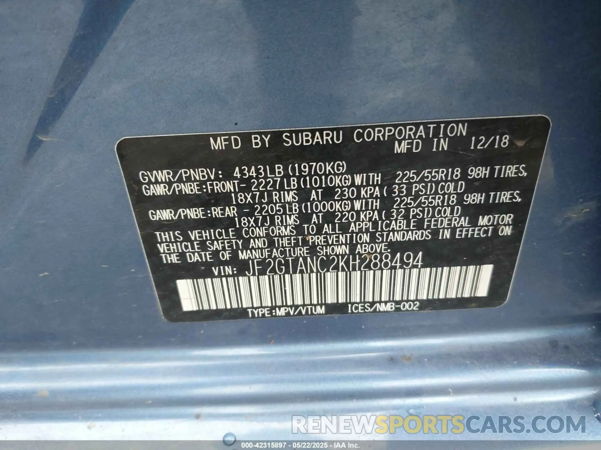 9 Photograph of a damaged car JF2GTANC2KH288494 SUBARU CROSSTREK 2019
