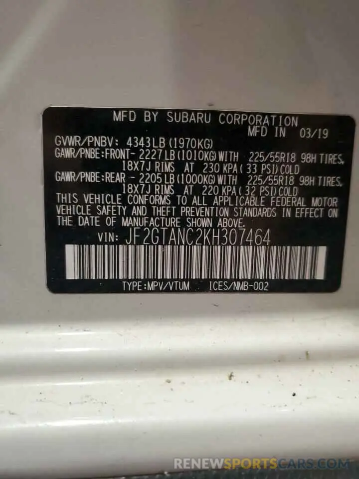 14 Photograph of a damaged car JF2GTANC2KH307464 SUBARU CROSSTREK 2019