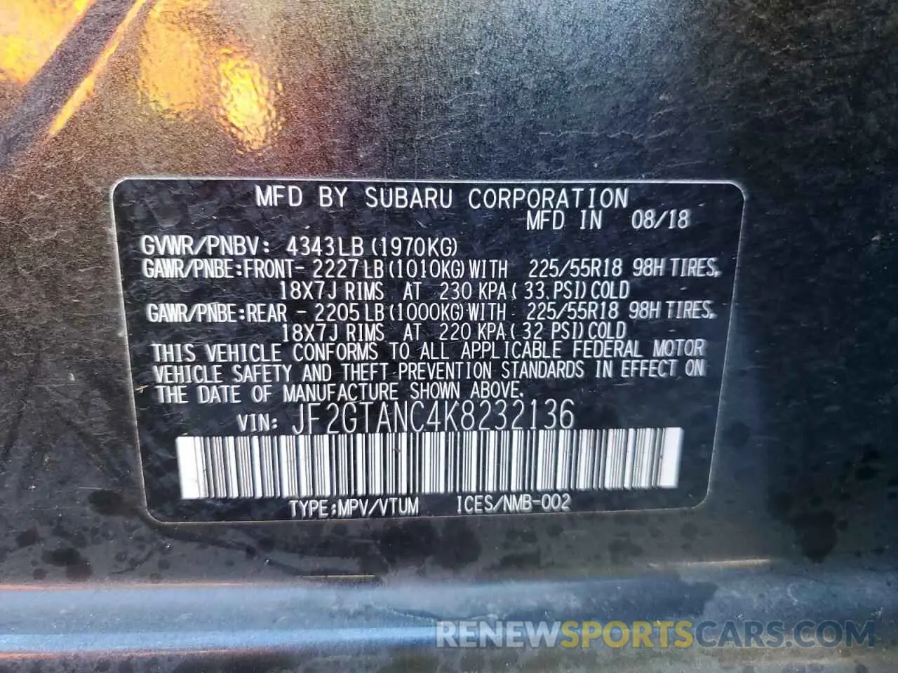 13 Photograph of a damaged car JF2GTANC4K8232136 SUBARU CROSSTREK 2019