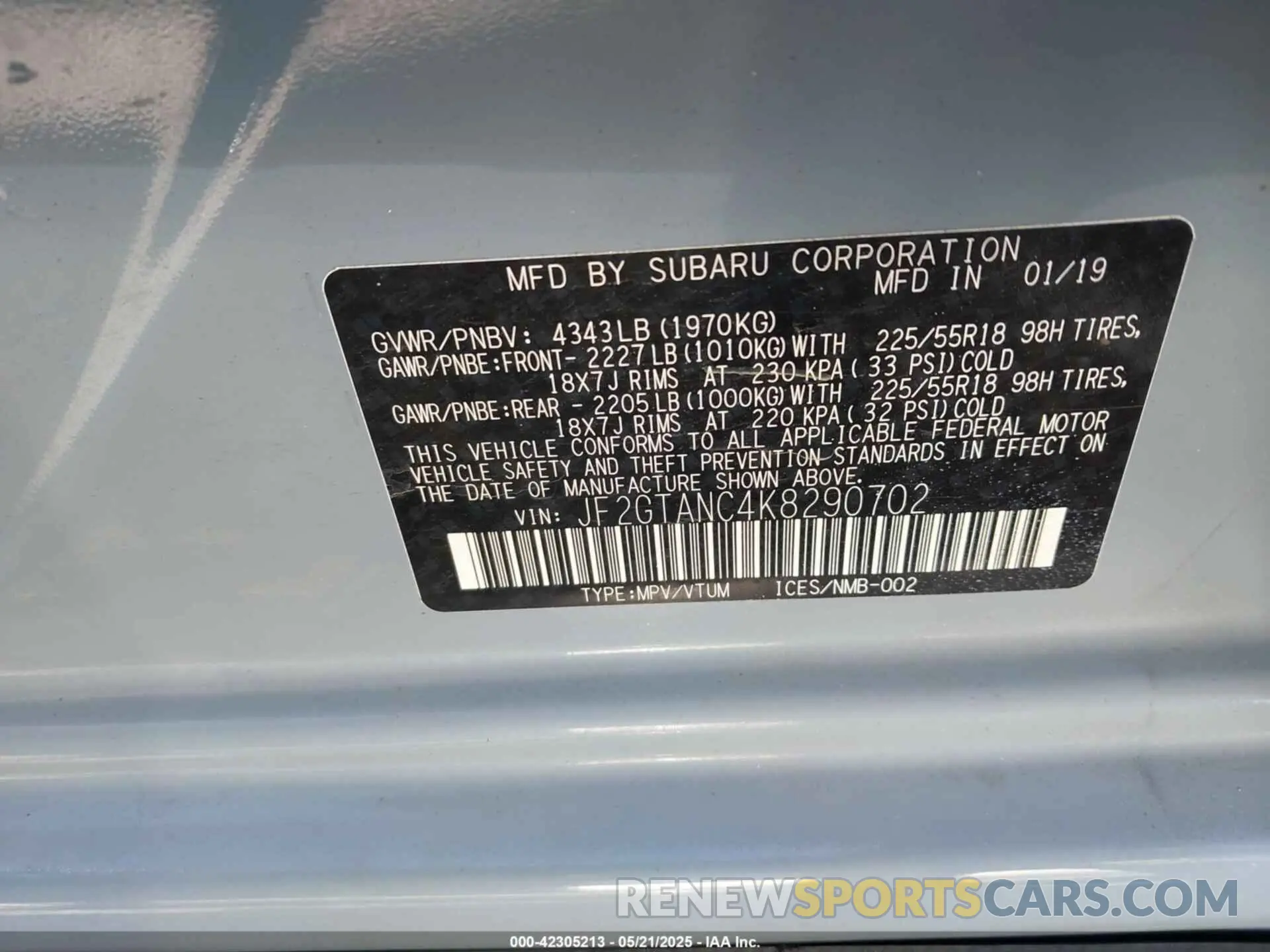 9 Photograph of a damaged car JF2GTANC4K8290702 SUBARU CROSSTREK 2019