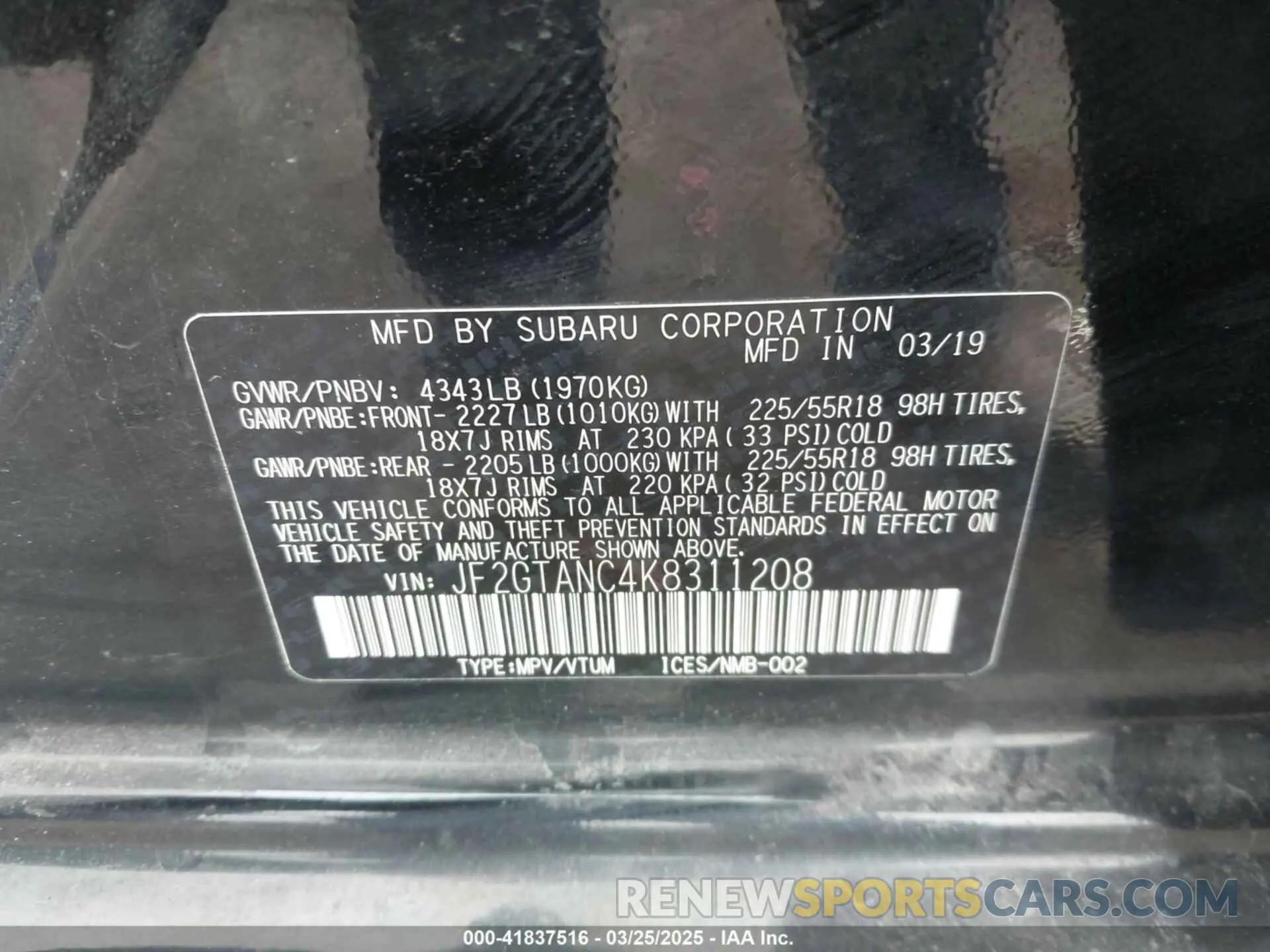 9 Photograph of a damaged car JF2GTANC4K8311208 SUBARU CROSSTREK 2019
