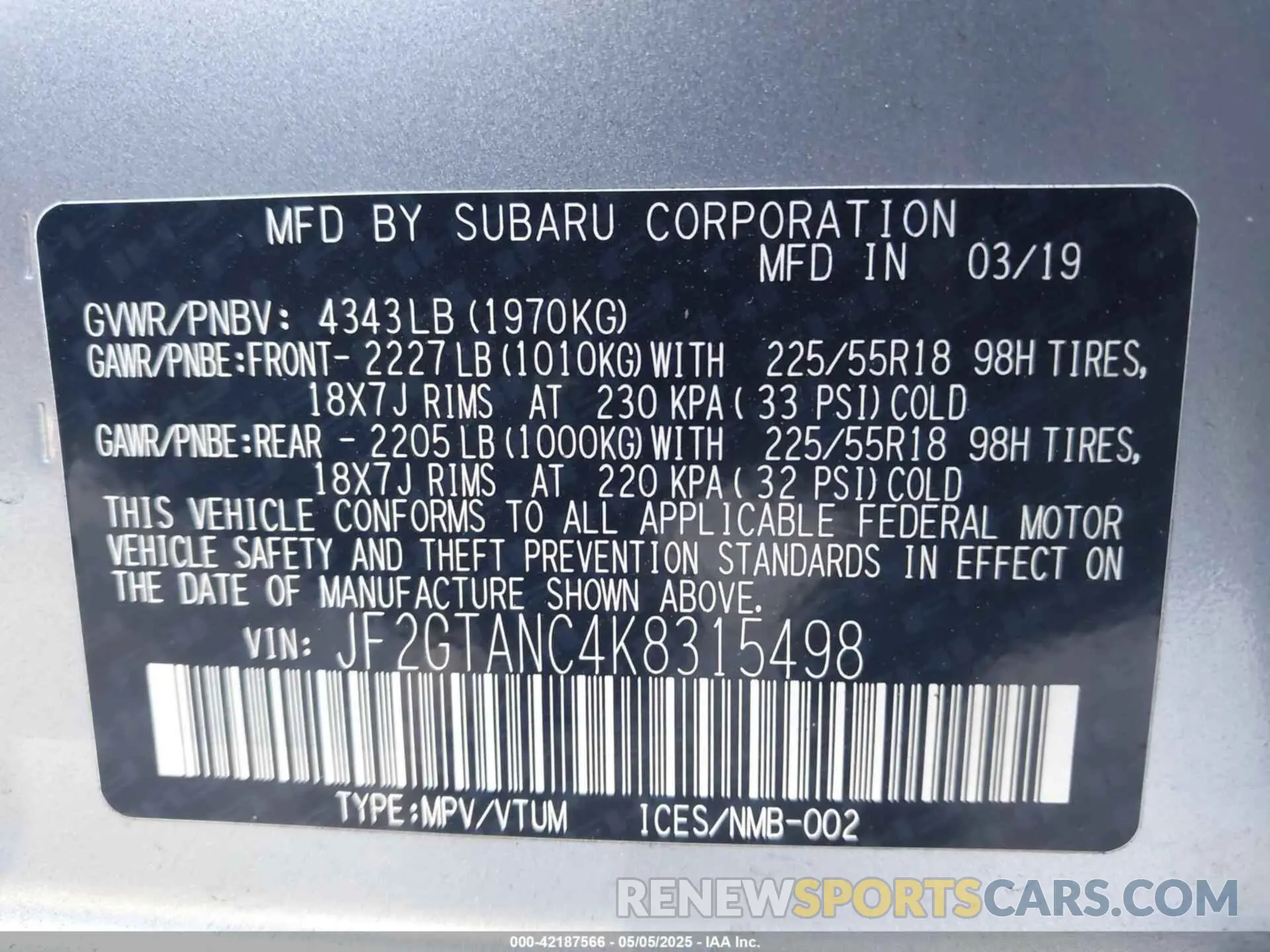 9 Photograph of a damaged car JF2GTANC4K8315498 SUBARU CROSSTREK 2019