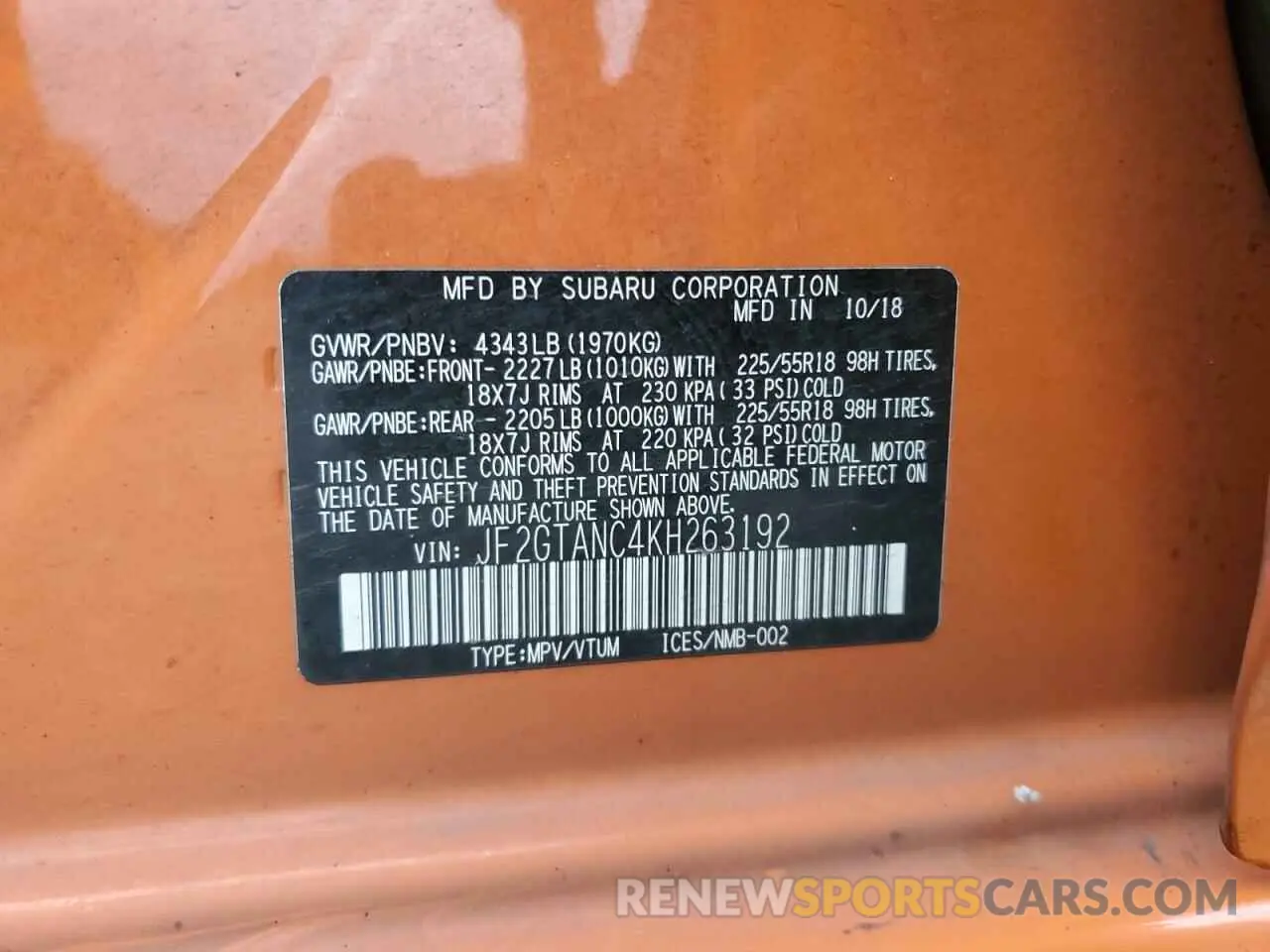13 Photograph of a damaged car JF2GTANC4KH263192 SUBARU CROSSTREK 2019