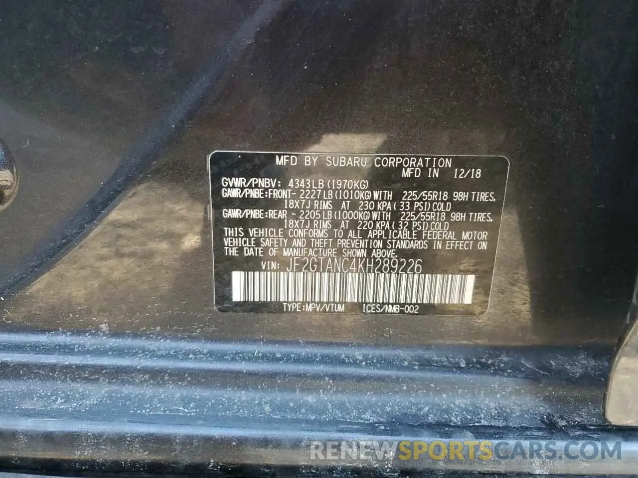 16 Photograph of a damaged car JF2GTANC4KH289226 SUBARU CROSSTREK 2019