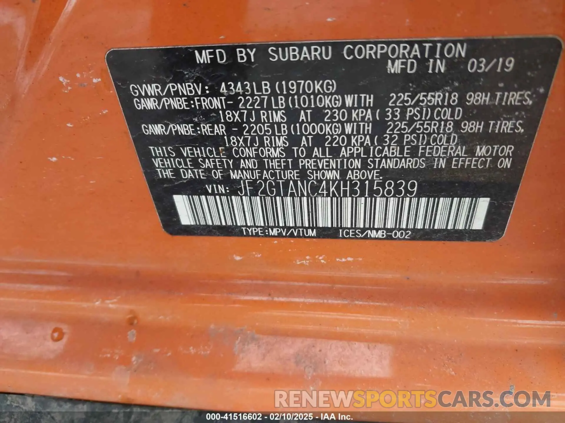9 Photograph of a damaged car JF2GTANC4KH315839 SUBARU CROSSTREK 2019