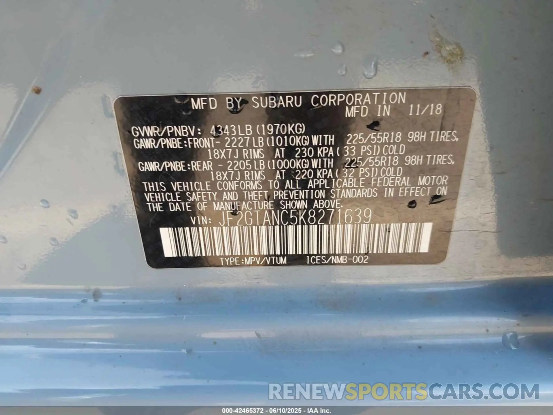 9 Photograph of a damaged car JF2GTANC5K8271639 SUBARU CROSSTREK 2019