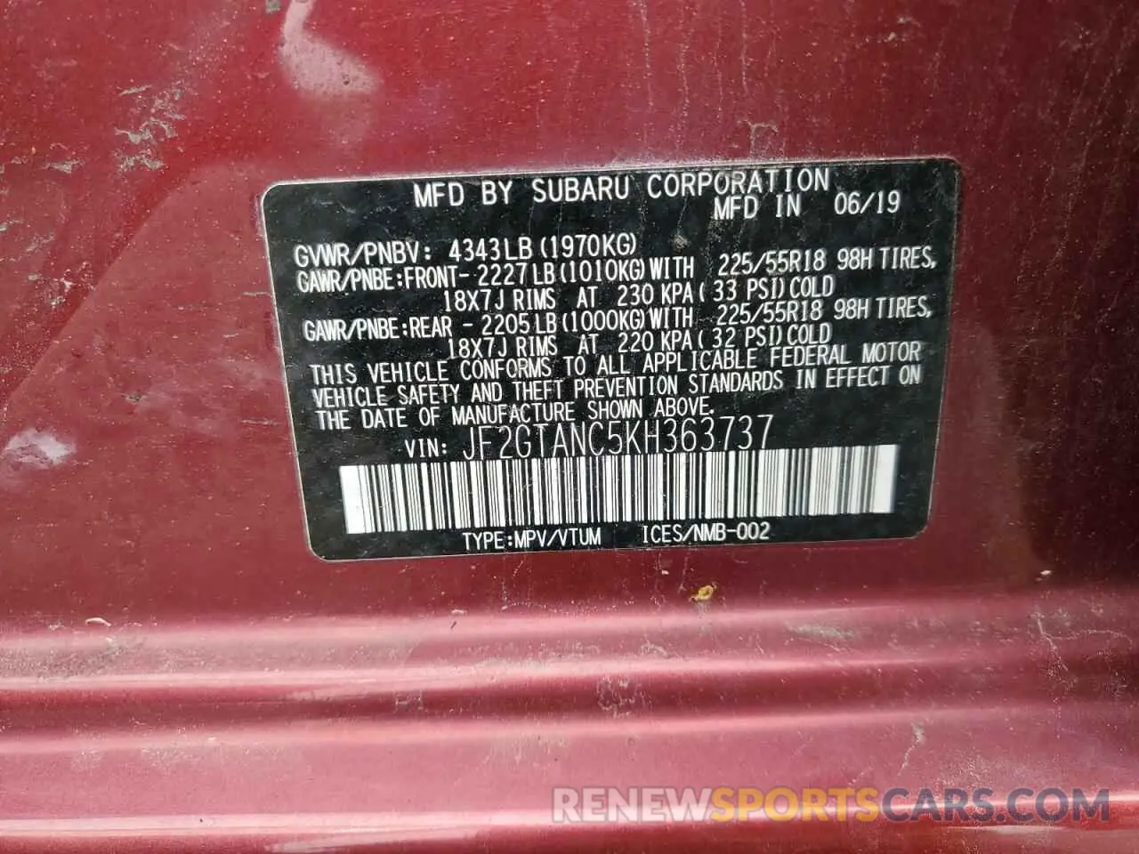 12 Photograph of a damaged car JF2GTANC5KH363737 SUBARU CROSSTREK 2019
