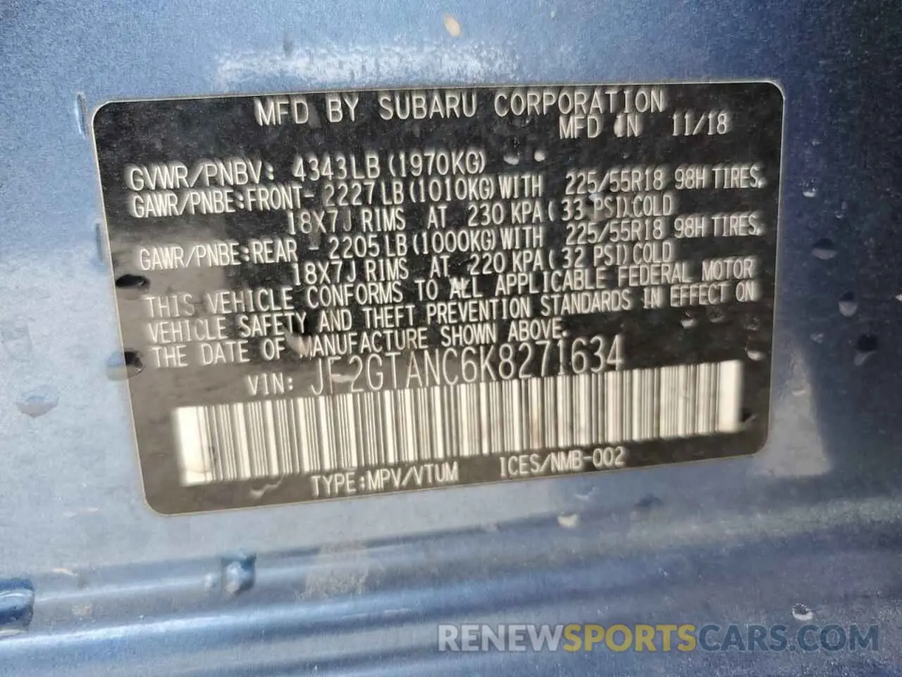 14 Photograph of a damaged car JF2GTANC6K8271634 SUBARU CROSSTREK 2019
