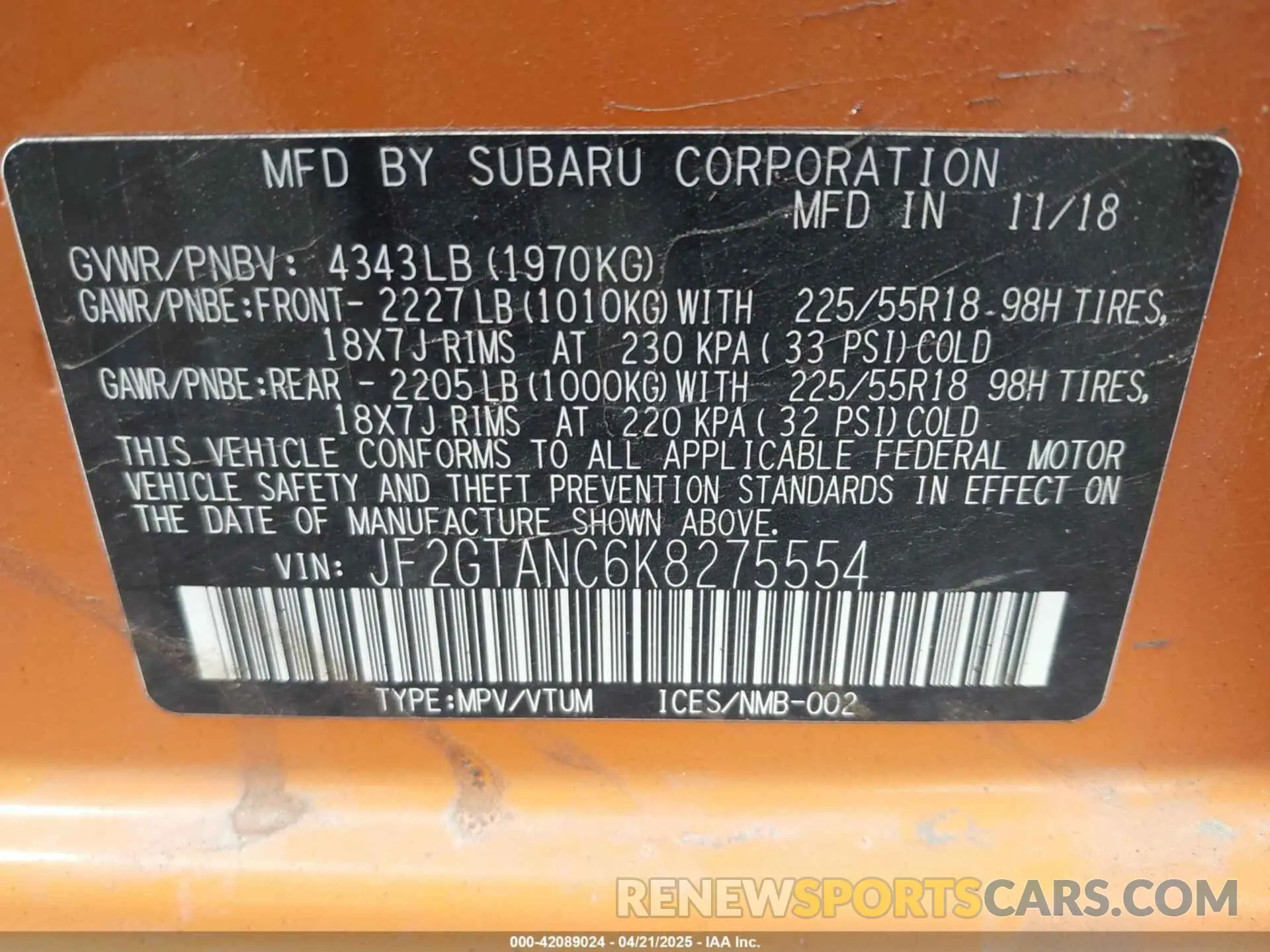 9 Photograph of a damaged car JF2GTANC6K8275554 SUBARU CROSSTREK 2019