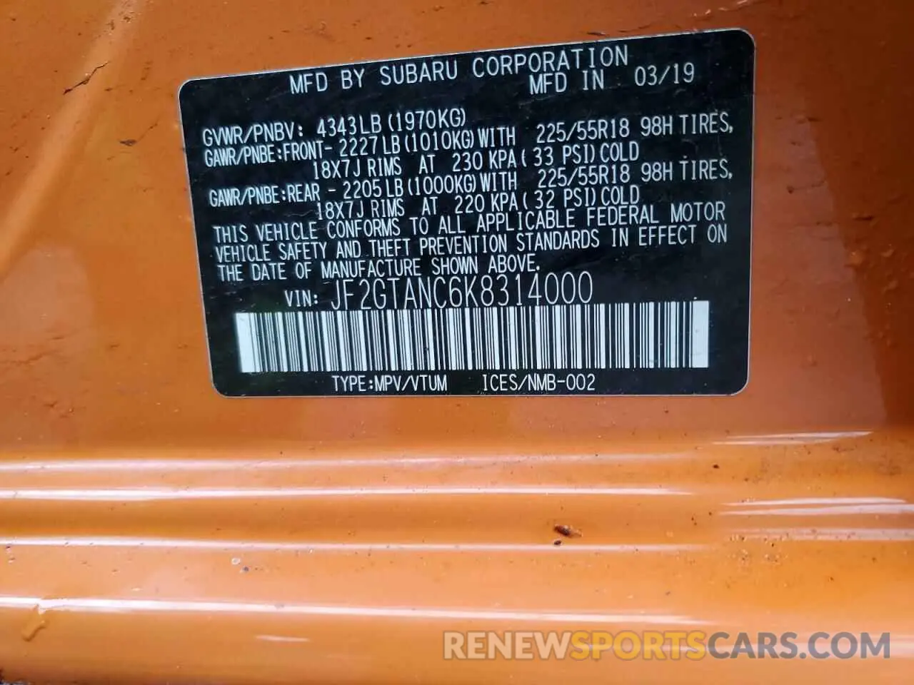 13 Photograph of a damaged car JF2GTANC6K8314000 SUBARU CROSSTREK 2019