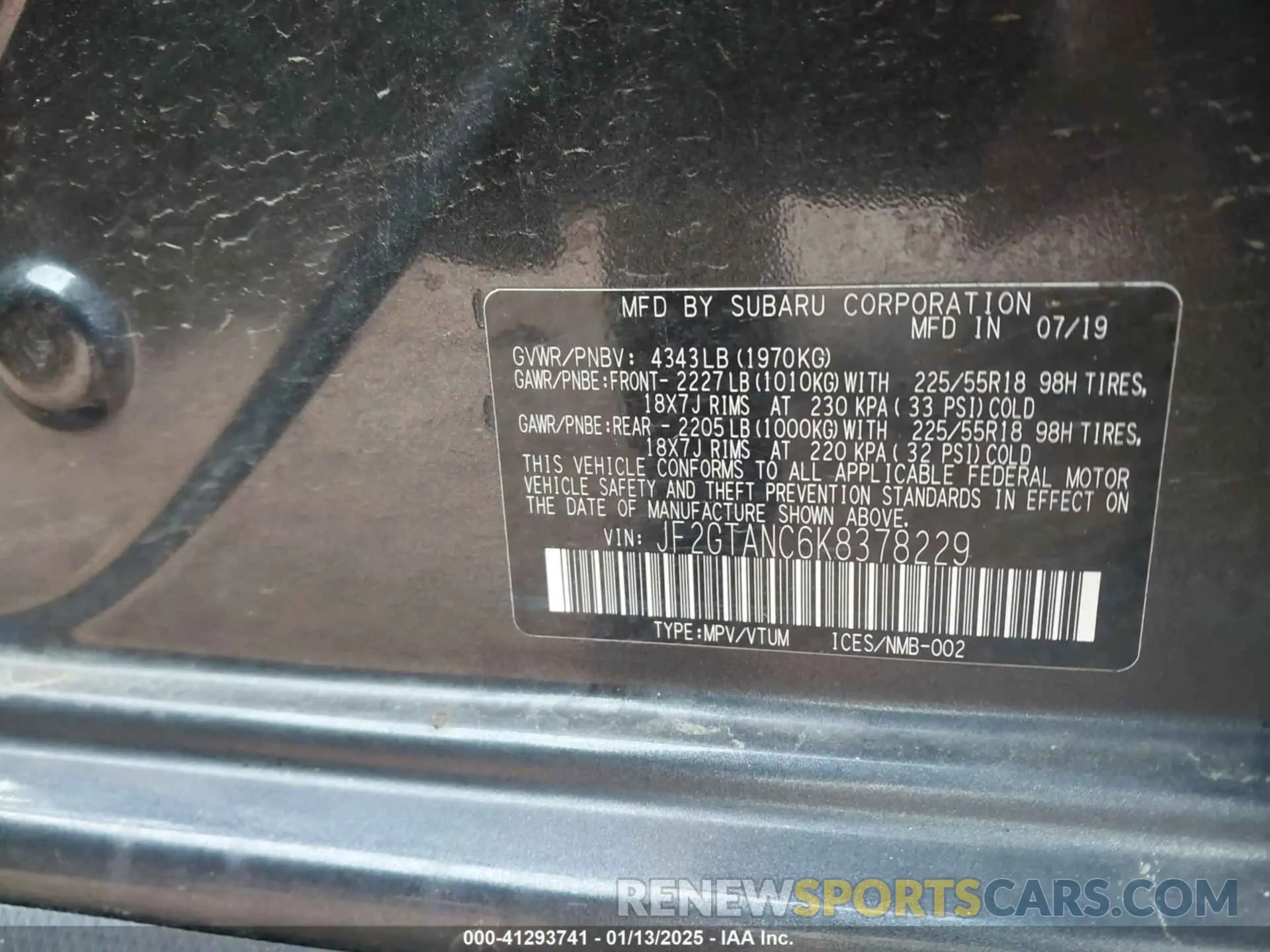 9 Photograph of a damaged car JF2GTANC6K8378229 SUBARU CROSSTREK 2019