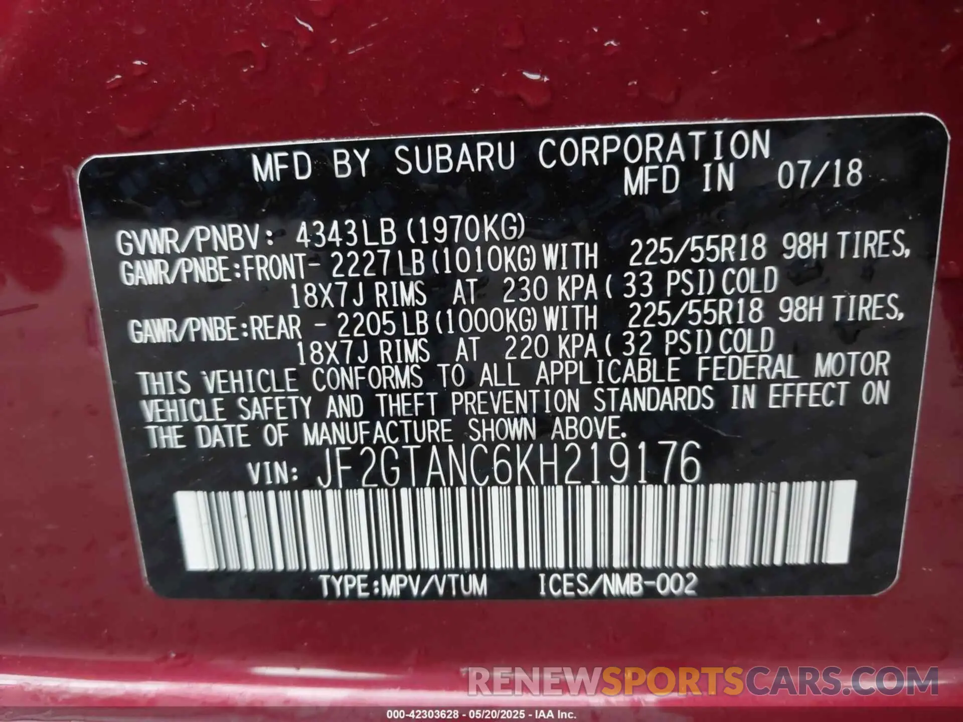 9 Photograph of a damaged car JF2GTANC6KH219176 SUBARU CROSSTREK 2019