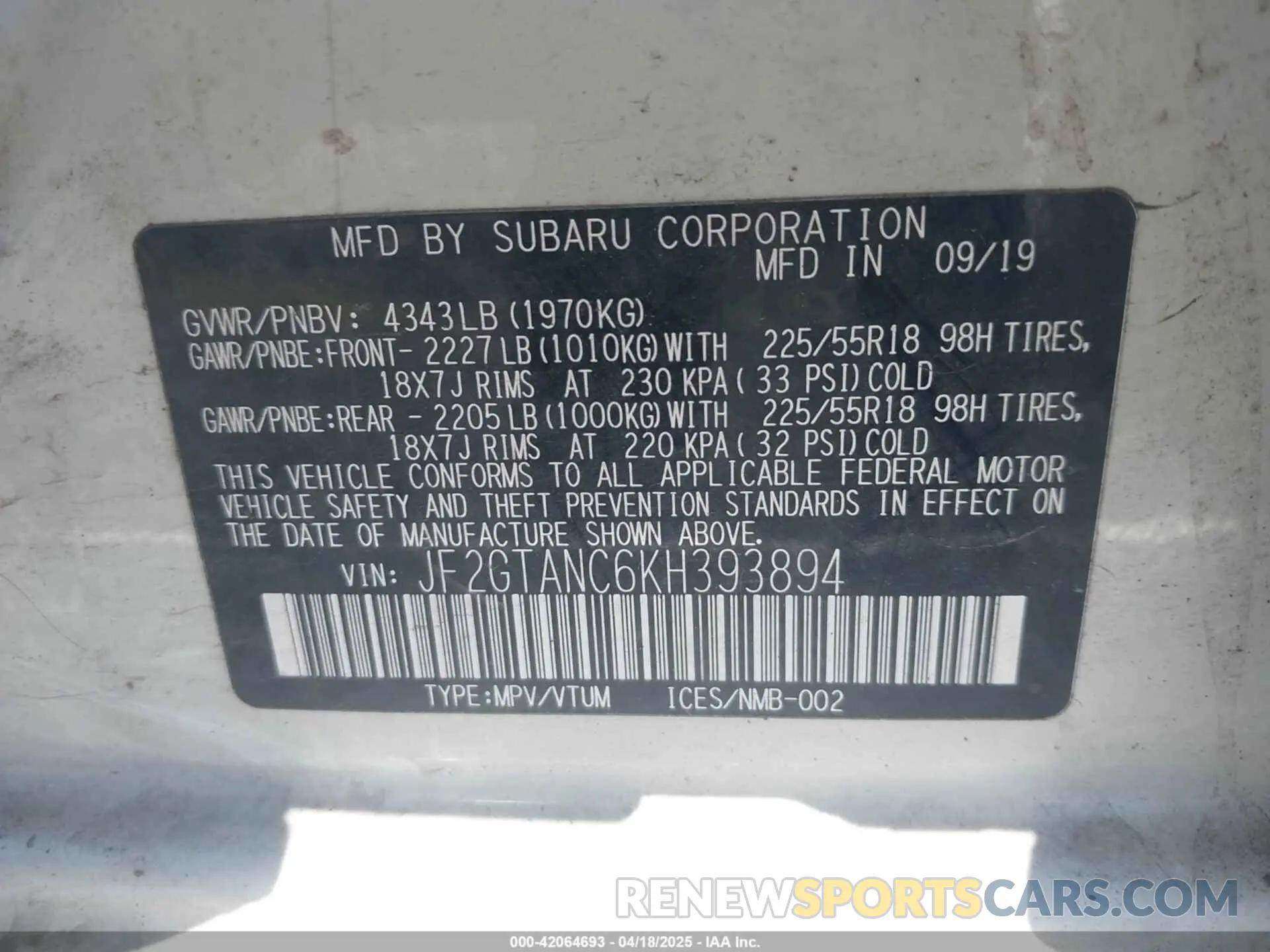9 Photograph of a damaged car JF2GTANC6KH393894 SUBARU CROSSTREK 2019