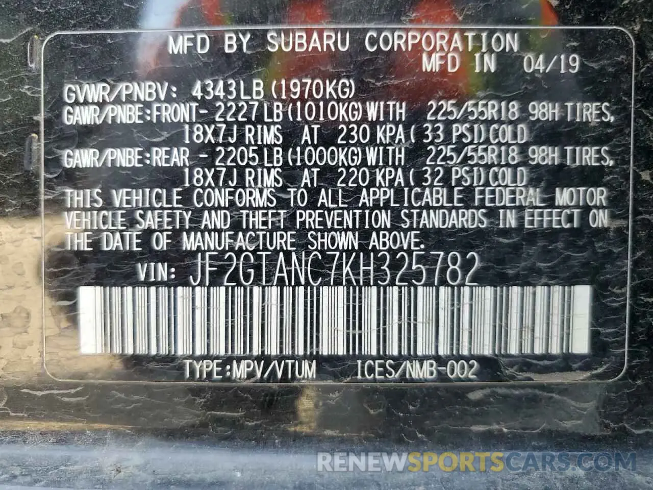 14 Photograph of a damaged car JF2GTANC7KH325782 SUBARU CROSSTREK 2019