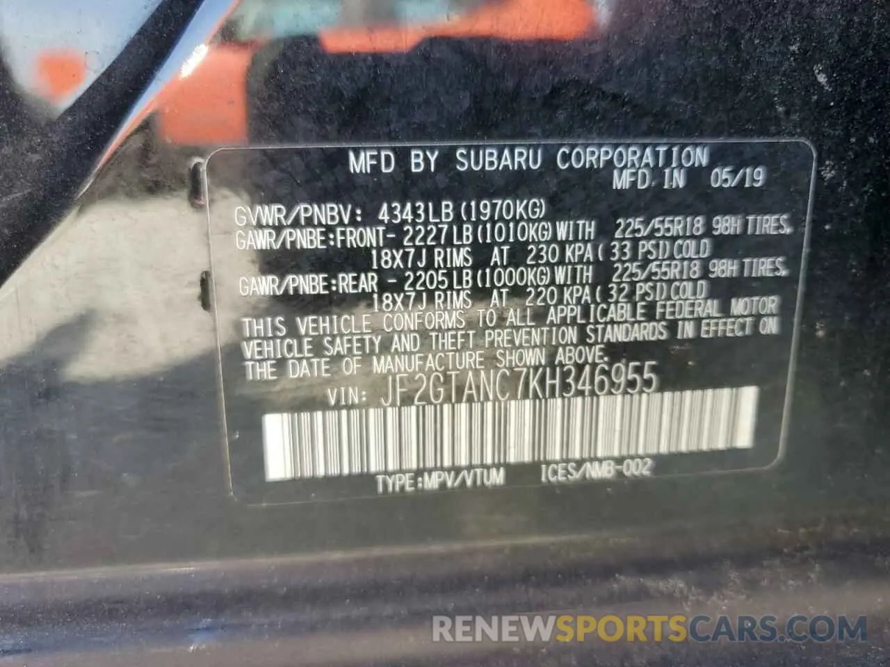 13 Photograph of a damaged car JF2GTANC7KH346955 SUBARU CROSSTREK 2019