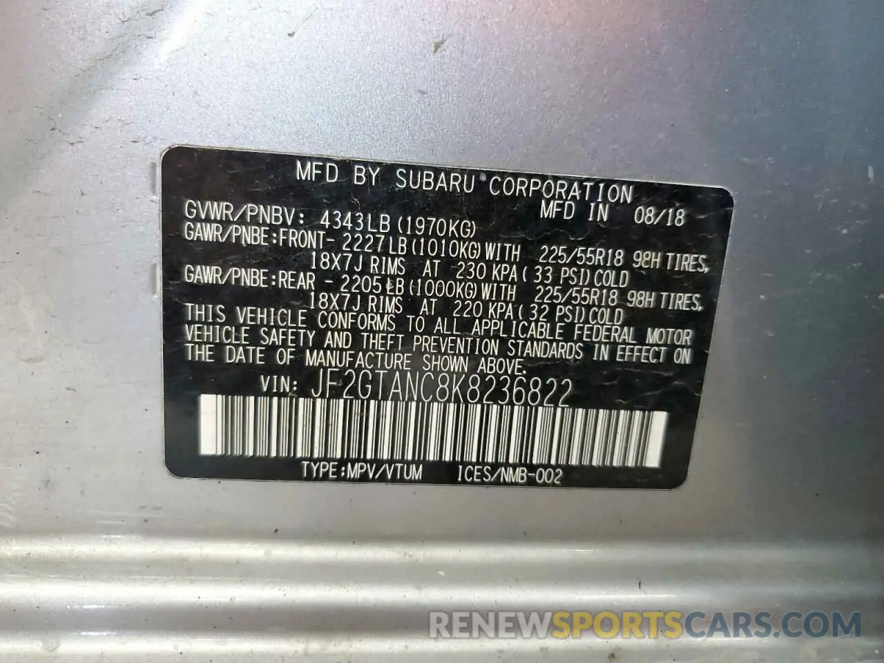 13 Photograph of a damaged car JF2GTANC8K8236822 SUBARU CROSSTREK 2019